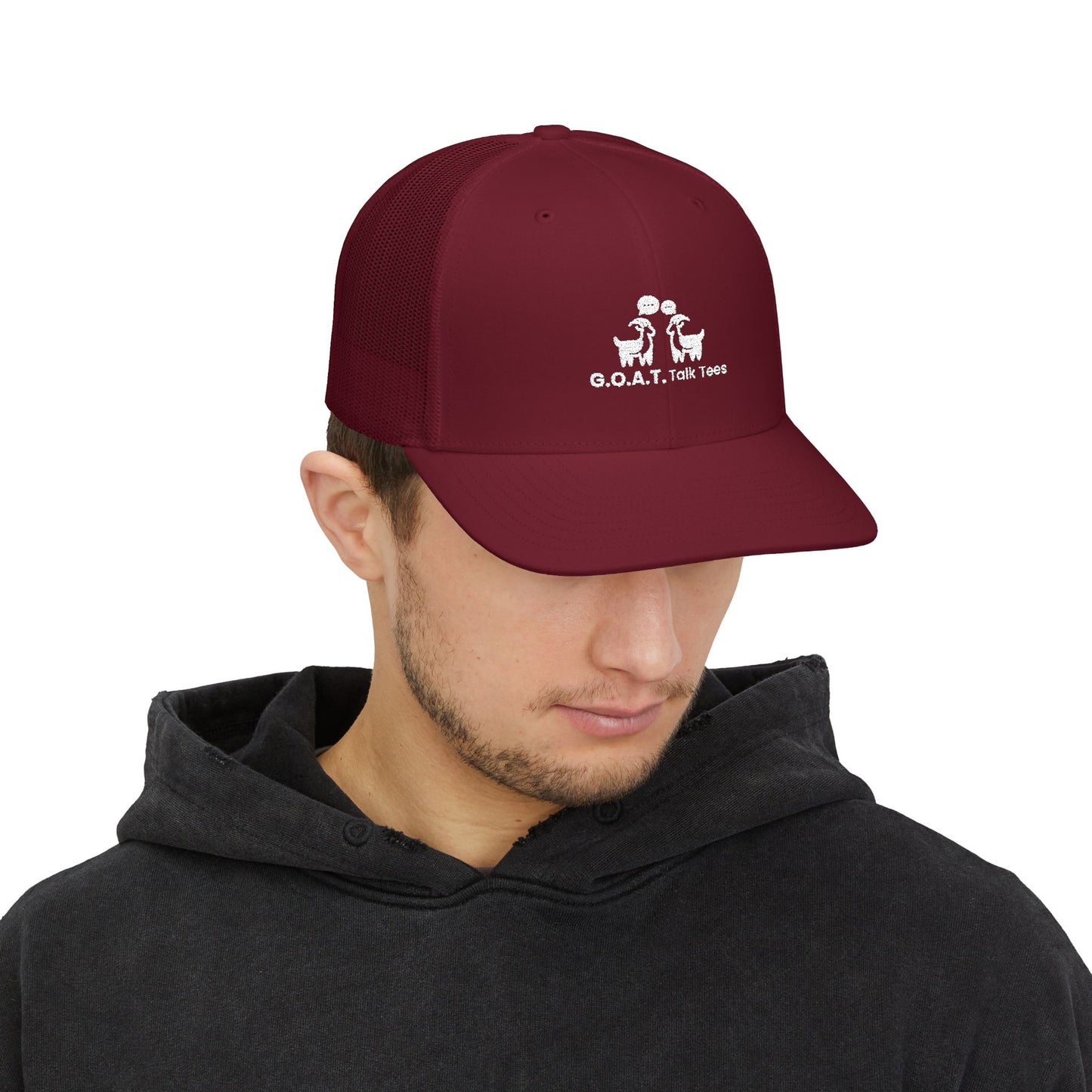 White Logo G.O.A.T. Talk Tees Trucker Hat – Classic Sports Debate Cap