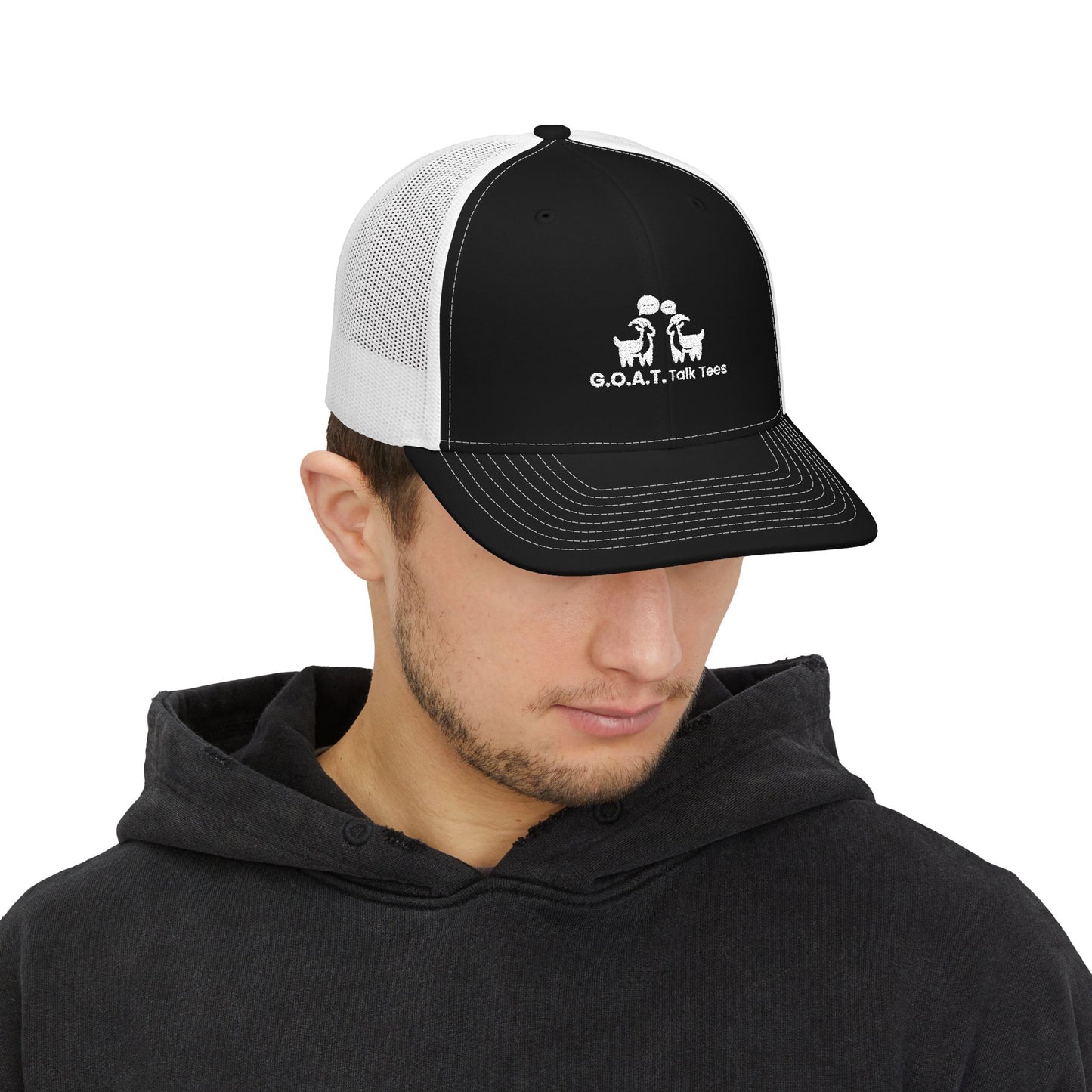 White Logo G.O.A.T. Talk Tees Trucker Hat – Classic Sports Debate Cap