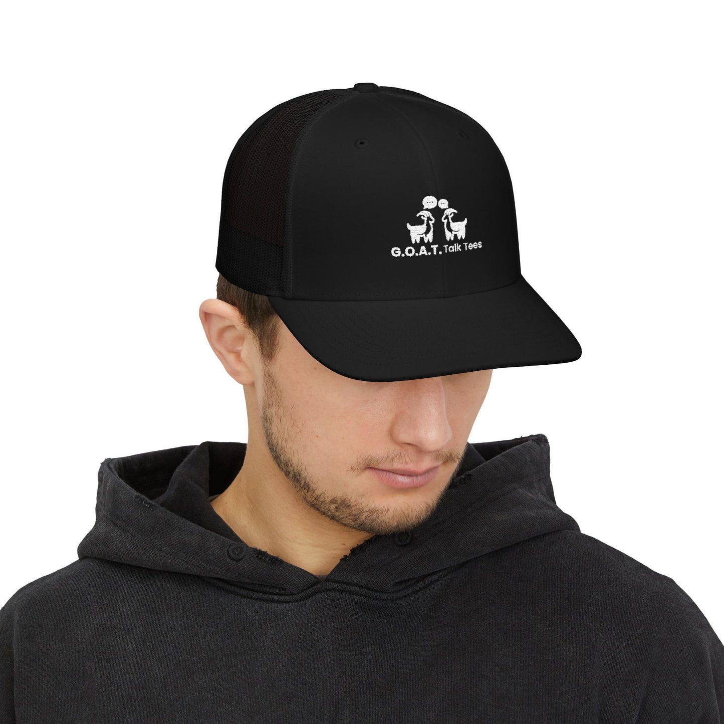 White Logo G.O.A.T. Talk Tees Trucker Hat – Classic Sports Debate Cap