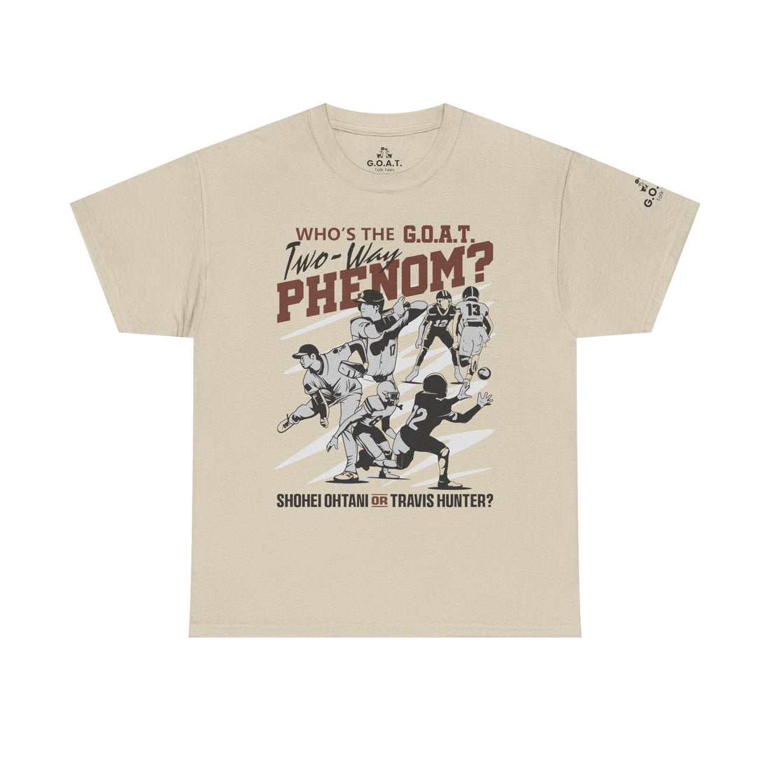 G.O.A.T. Two-Way Phenom Tee – Shohei Ohtani vs. Travis Hunter Debate Shirt