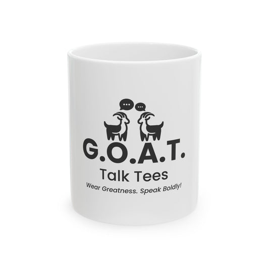 G.O.A.T. Talk Tees Logo Mug – Bold Conversation Starter Ceramic Cup
