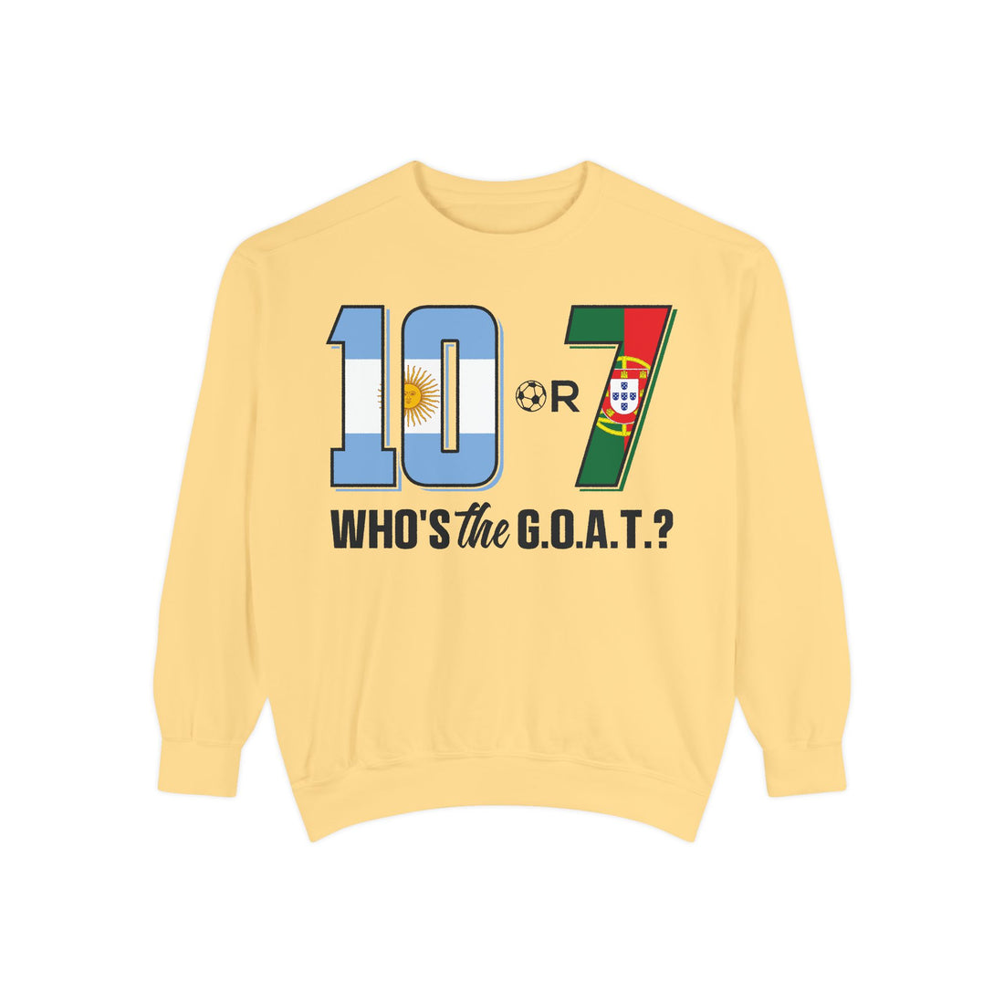 ⚽ 10 or 7 G.O.A.T. Soccer Debate Sweatshirt – Messi vs Ronaldo Crewneck